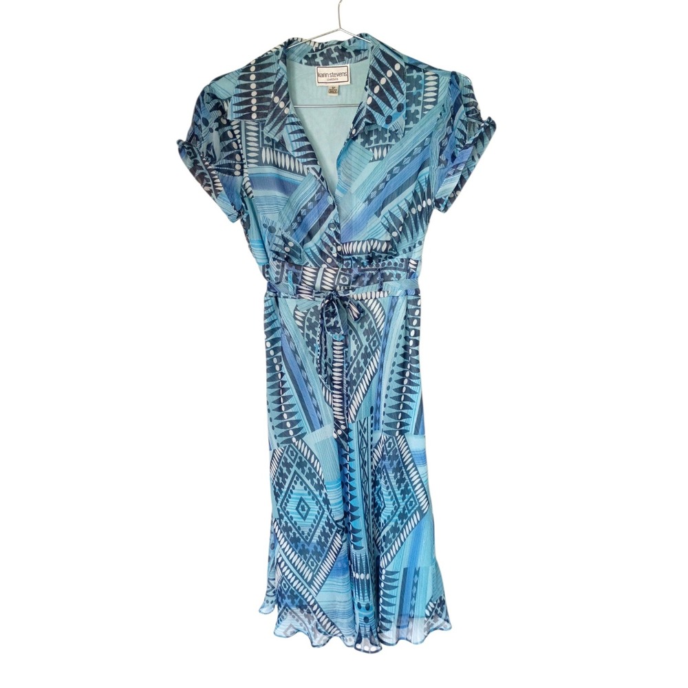 Vintage Karin Stevens Blue Geometric Print‎ Short Sleeve Belted Midi Dress 6P